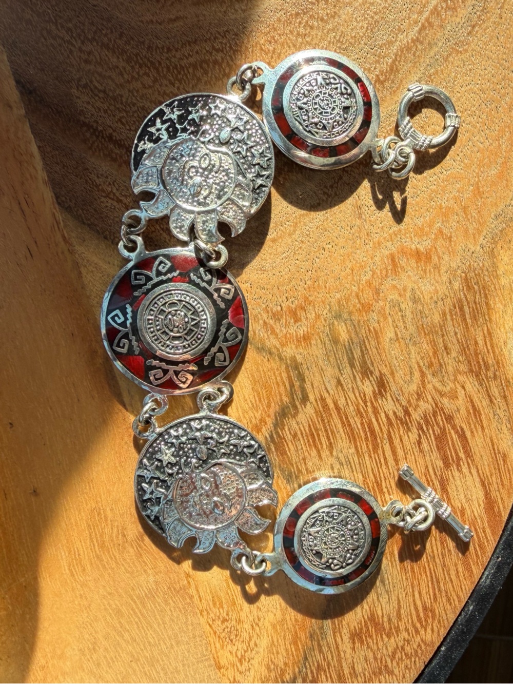 925 Silver Red Enamel Aztec Medallion Bracelet